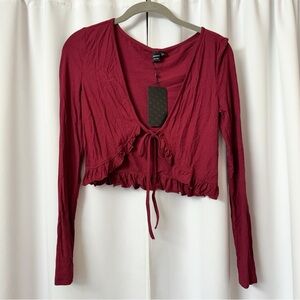 Dark Red Crop Ruffle Self Tie Valentine's Day Cardigan Size Small